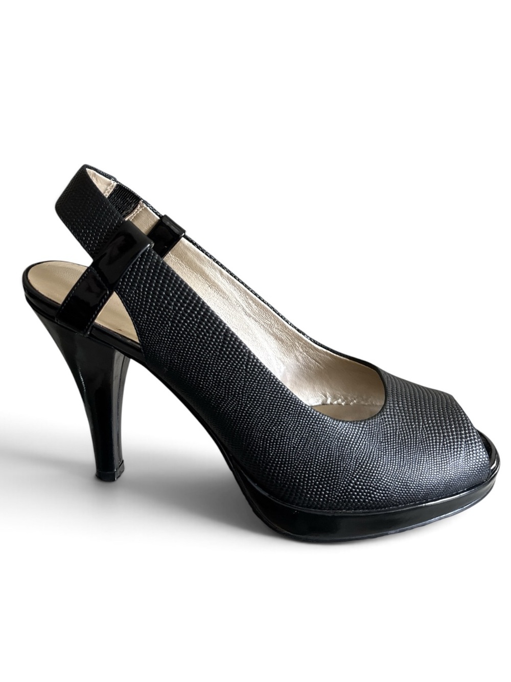 Franco Carolli Black Lizard Embossed Slingback Platform Heels Size 8.5